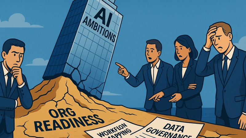 Illustrated scene of business people watching an AI building collapse