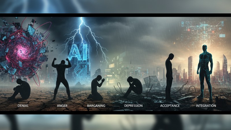 Silhouetted figures representing the 6 stages of AI grief against a dramatic sky